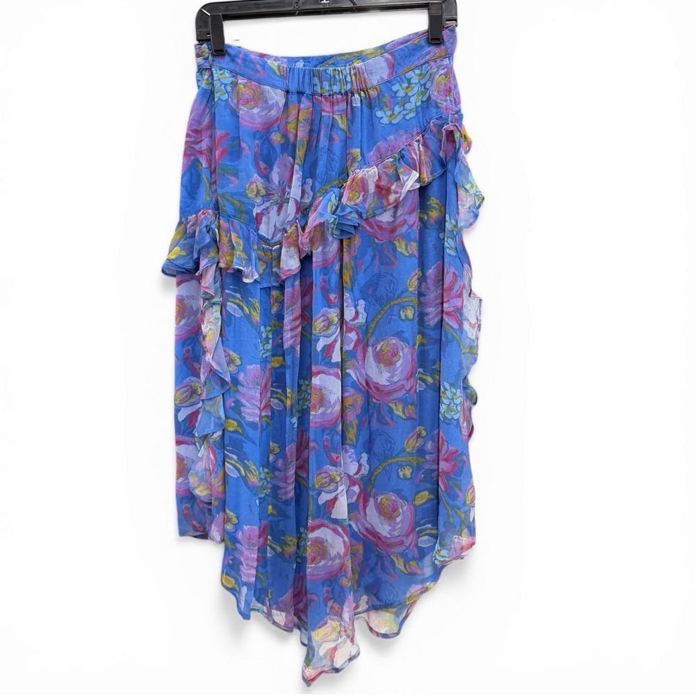 Sundance Blue Floral Asymmetrical Ruffle Midi Skirt Boho Western Cottagecore M - Picture 2 of 7
